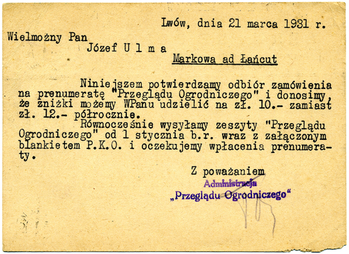 Prenumerata „Przeglądu Ogrodniczego” dla Józefa Ulmy (ze zbiorów krewnych rodziny Ulmów)