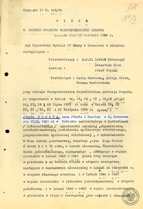Pierwsza strona wyroku Sądu Wojewódzkiego w Rzeszowie z 30 sierpnia 1958 r. liczącego 44 strony skazującego Józefa Kokotta na karę śmierci (IPN Rz 107/1608 t.4 k. 139)