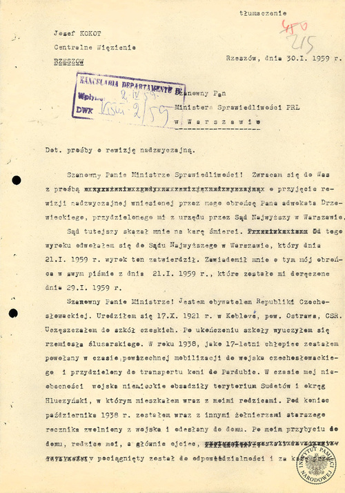 Prośba J. Kokotta o rewizję nadzwyczajną do Ministra Sprawiedliwości PRL z 1959 r. (IPN Rz 107/1608 t.4)